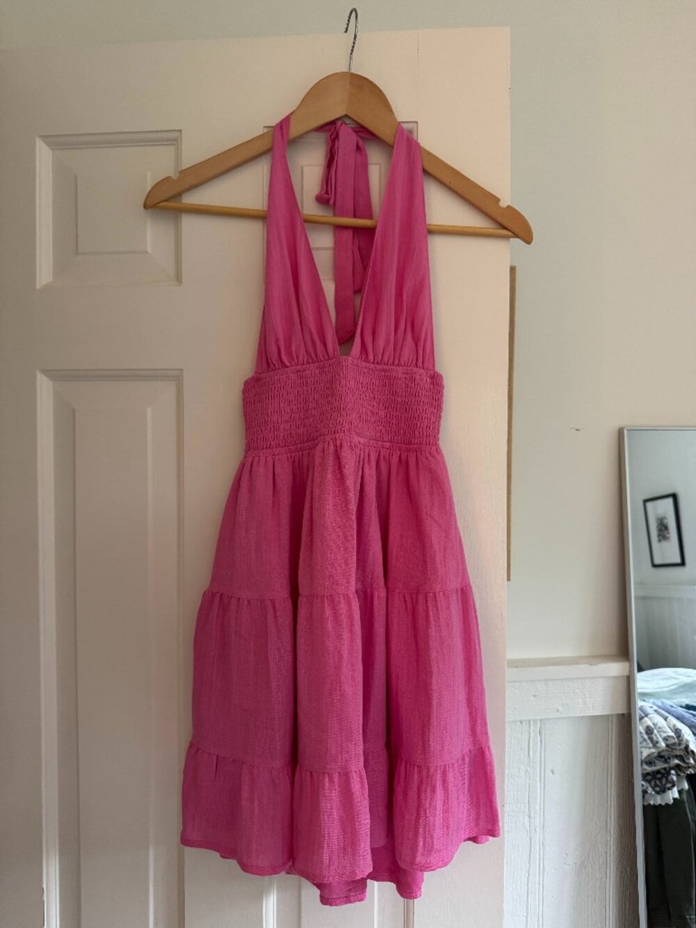 Mahina Pink Smocked Halter Tiered Mini Dress Size Small